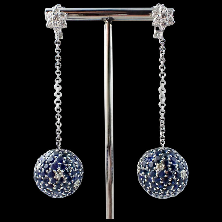 Blue Sapphire and White Diamond Drop Earrings in 18K White Gold