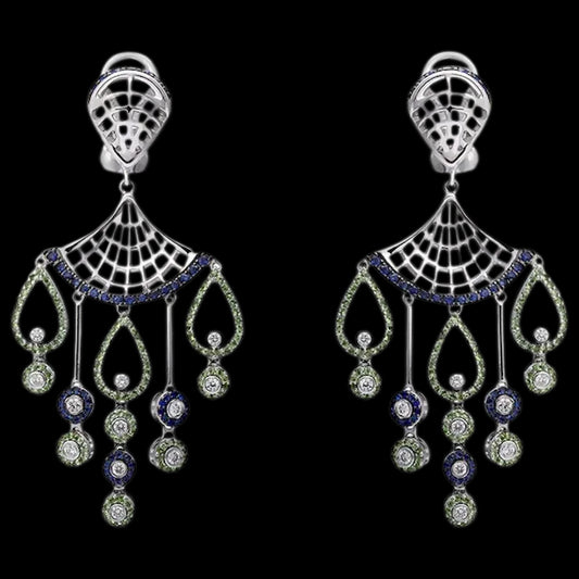 18K Gold Dancing Princess Earrings with Diamonds, Tsavorites and Sapphires