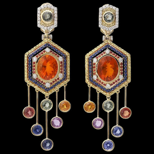 18K Yellow Gold Earrings with Diamonds, Sapphires, Fire Opals | Maasai Mara Earrings