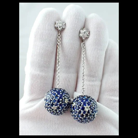 Blue Sapphire and White Diamond Drop Earrings in 18K White Gold