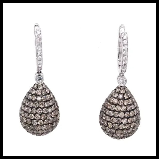 14K Gold Pear Shape Earrings with White and Brown Diamonds