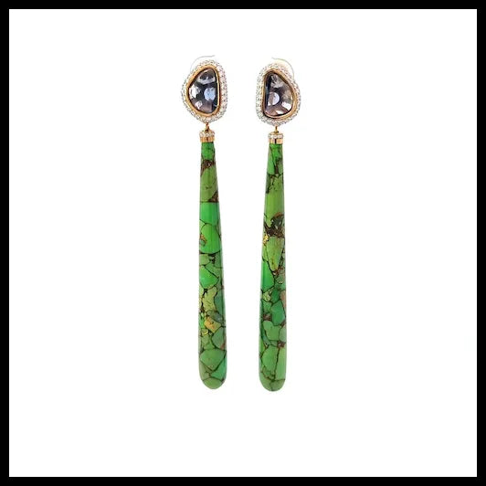 Long Green Turquoise Earrings with Uncut Sapphires and White Diamonds