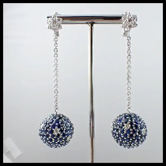 Blue Sapphire and White Diamond Drop Earrings in 18K White Gold