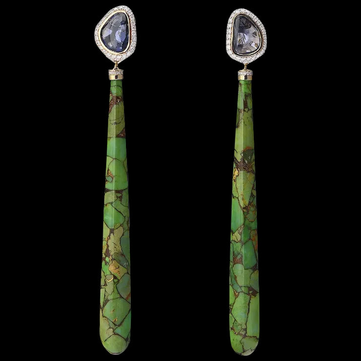 Long Green Turquoise Earrings with Uncut Sapphires and White Diamonds