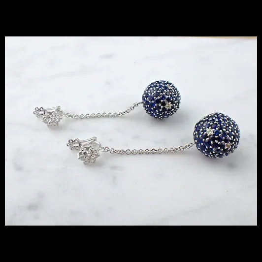 Blue Sapphire and White Diamond Drop Earrings in 18K White Gold