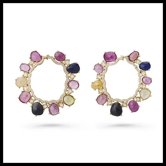 18K Yellow Gold Earrings with White Diamonds, Rose Cut Sapphires and Uncut Multi Colour Sapphires