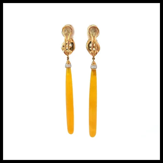 Yellow Jade Long Earrings in 18K Yellow Gold with Sapphires and Diamonds