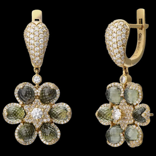 18K Yellow Gold Earrings with Briolette Cut Green Sapphires and White Diamonds