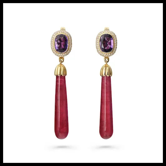 Rhodonite and Purple Sapphire Yellow Gold Earrings With Diamonds