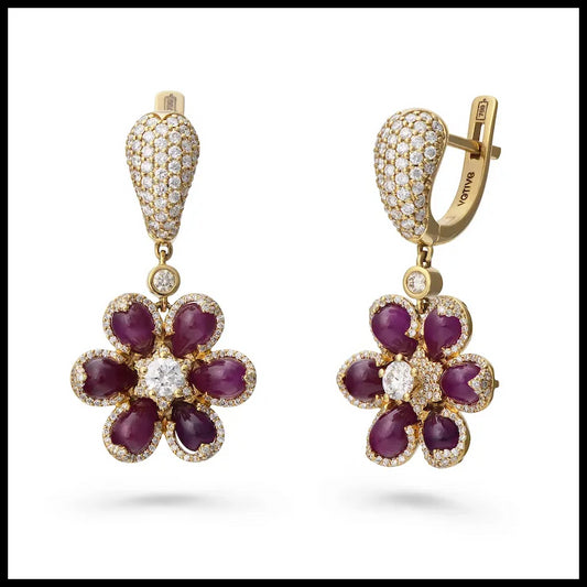 18K Yellow Gold Earrings with Cabochon Drops Cut Rubies and White Diamonds