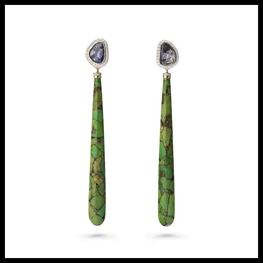 Long Green Turquoise Earrings with Uncut Sapphires and White Diamonds