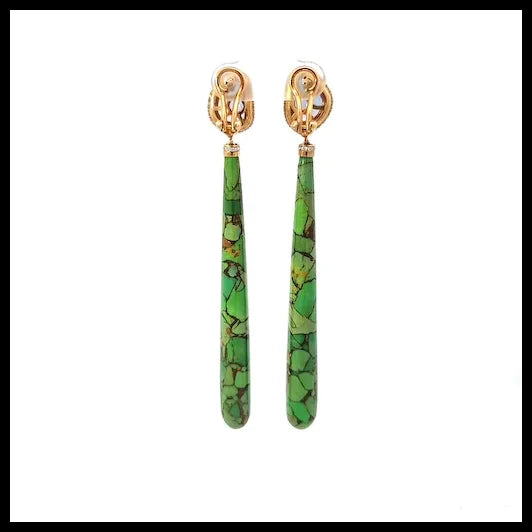 Long Green Turquoise Earrings with Uncut Sapphires and White Diamonds