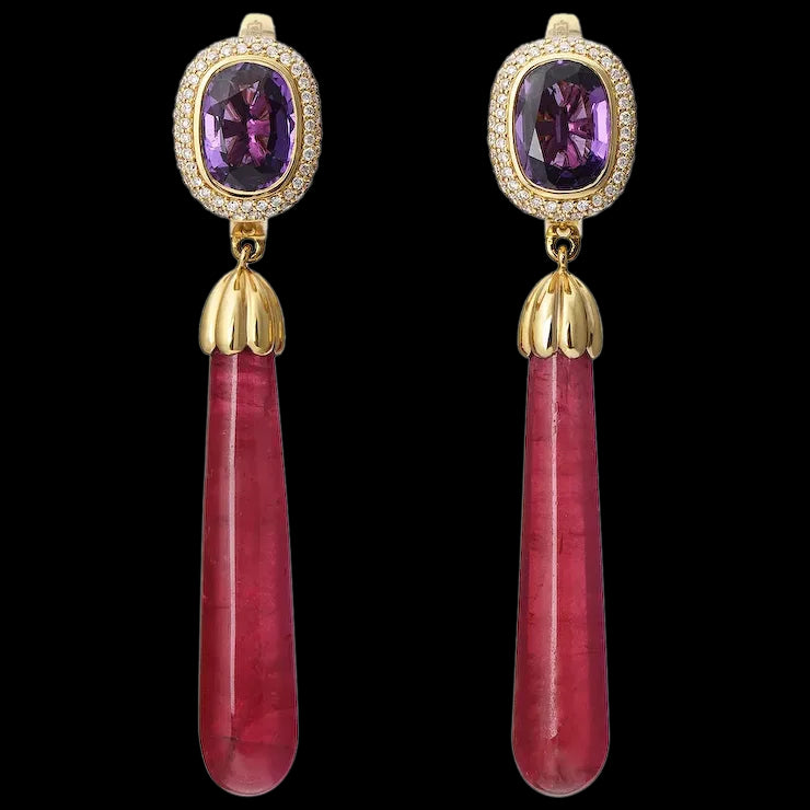 Rhodonite and Purple Sapphire Yellow Gold Earrings With Diamonds