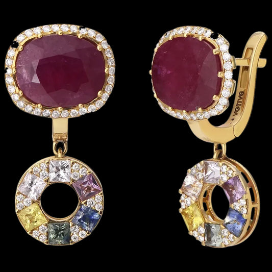 Princess Cut Multi Colour Sapphires, White Diamonds, Oval Rubies in 18K Yellow Gold Earrings