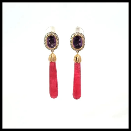 Rhodonite and Purple Sapphire Yellow Gold Earrings With Diamonds