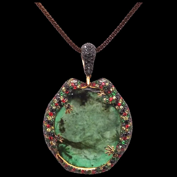 18K Gold Gila Pendant with Emeralds, Tsavorites, Sapphires and Diamonds